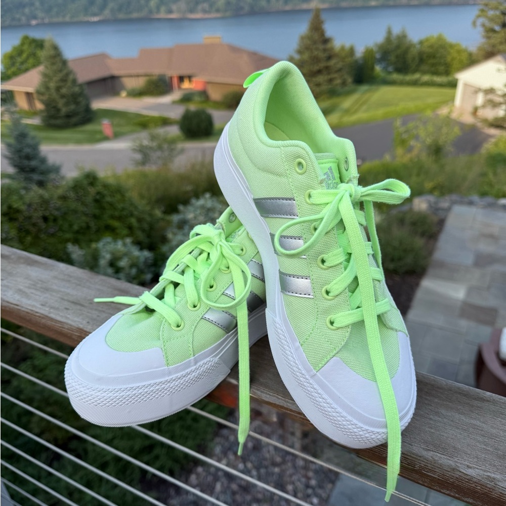 Adidas Women's Neon Green and White Sneakers